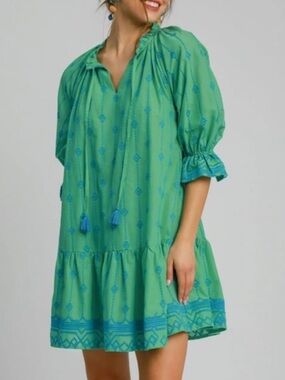 Umgee Green Full Size Tassel Mini Dress with Blue Geometric Embroidery